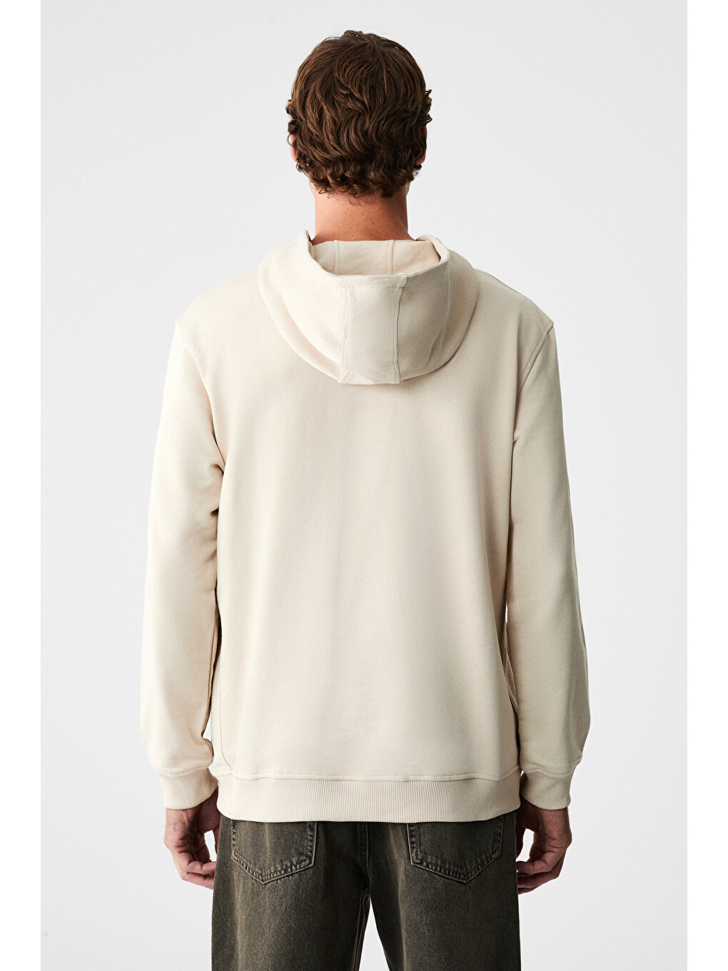 Alessıo Erkek %100 Pamuk Kapüşonlu Kordon Detaylı Oversize Fit Bej Sweatshirt-5