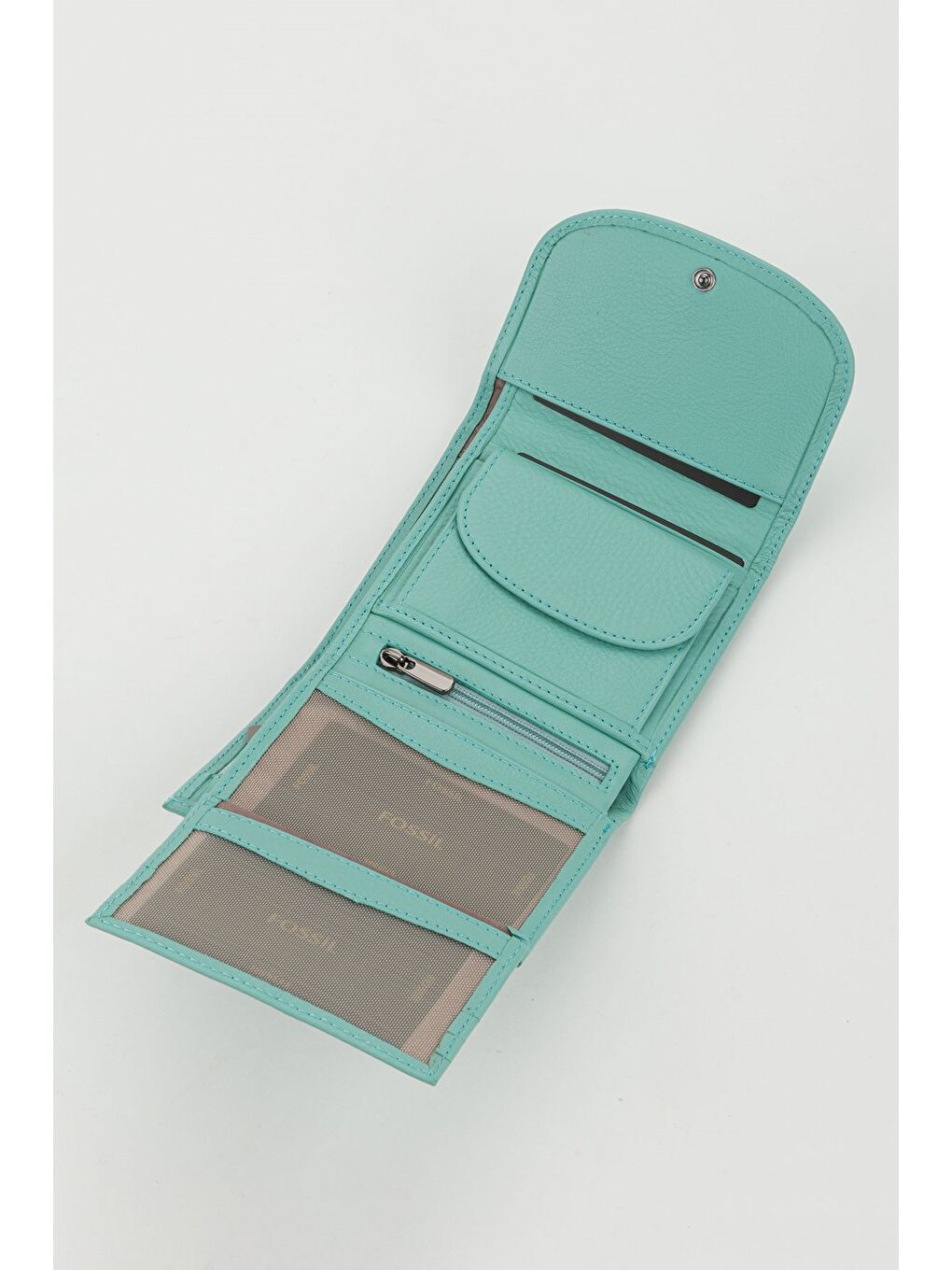 Turkuaz Kutulu Hakiki Deri Gök Mavi Küçük Boy Çok Gözlü Kadın El Portföyü Kartlık Cüzdan-2