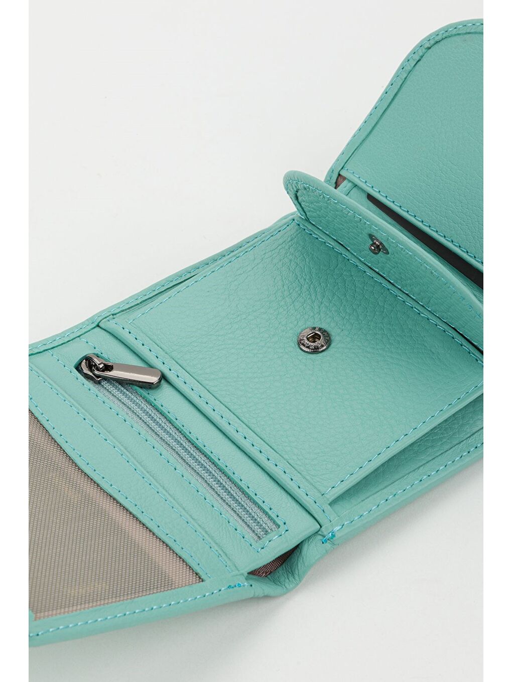 Turkuaz Kutulu Hakiki Deri Gök Mavi Küçük Boy Çok Gözlü Kadın El Portföyü Kartlık Cüzdan-3