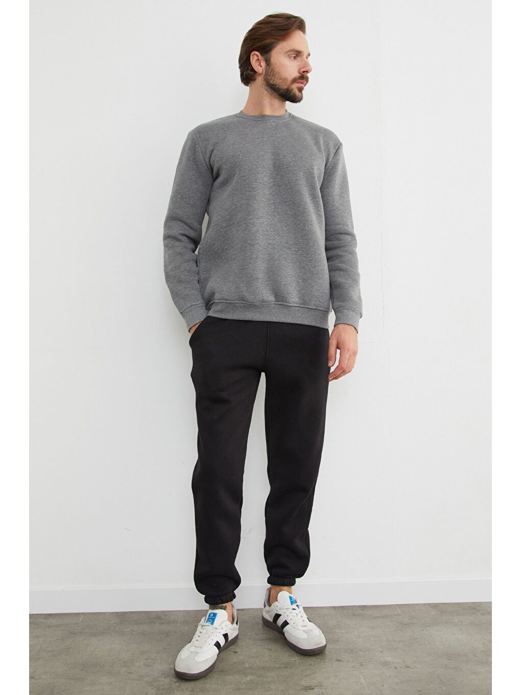 Antrasit 3 İplik Basic Bisiklet Yaka Sweatshirt-1