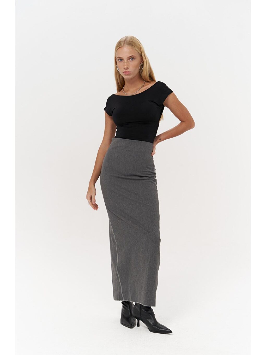 Gri Laden Füme Midi Kalem Etek-1