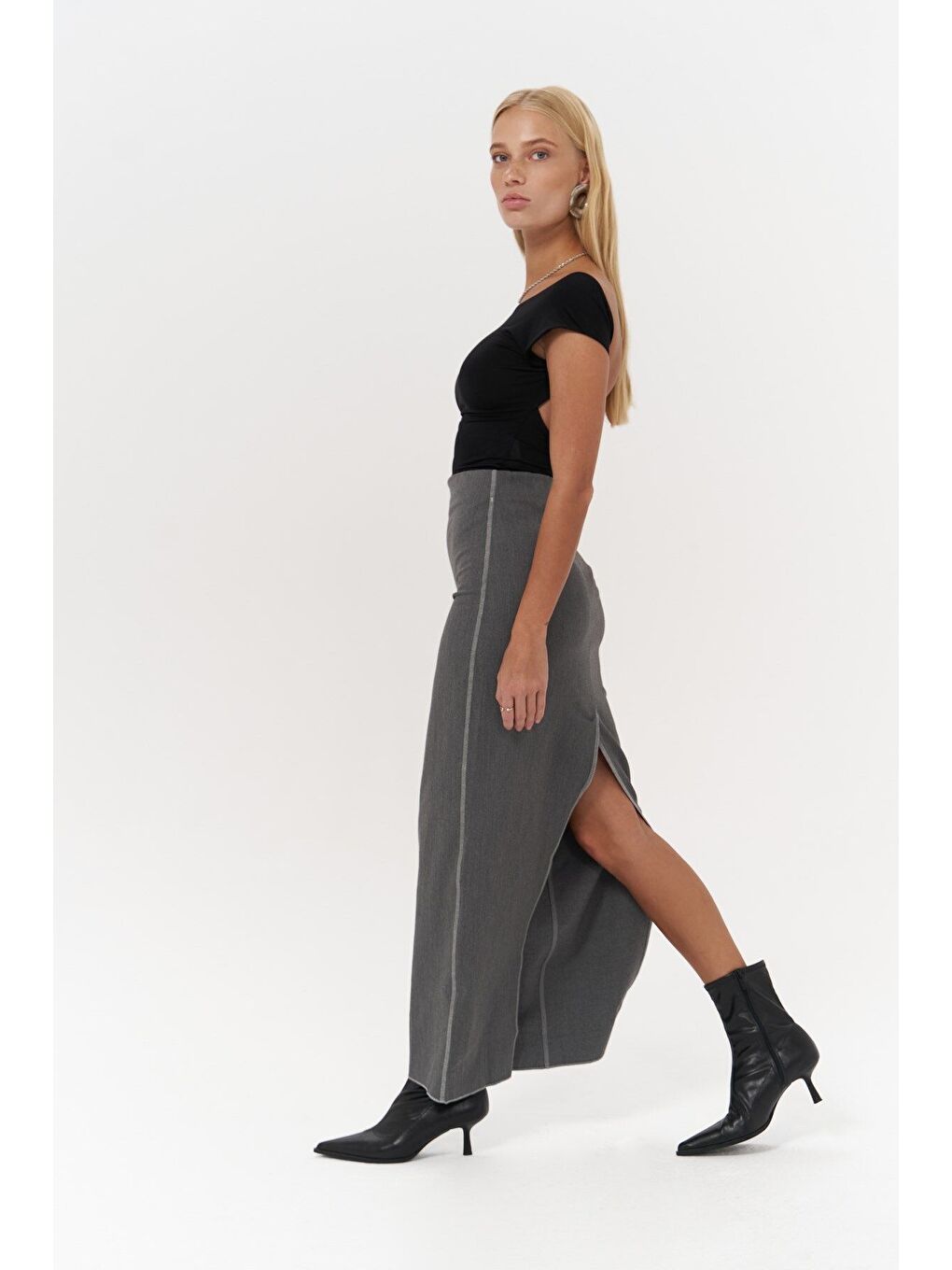 Gri Laden Füme Midi Kalem Etek-2