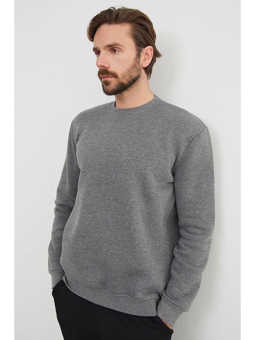 Antrasit 3 İplik Basic Bisiklet Yaka Sweatshirt-3