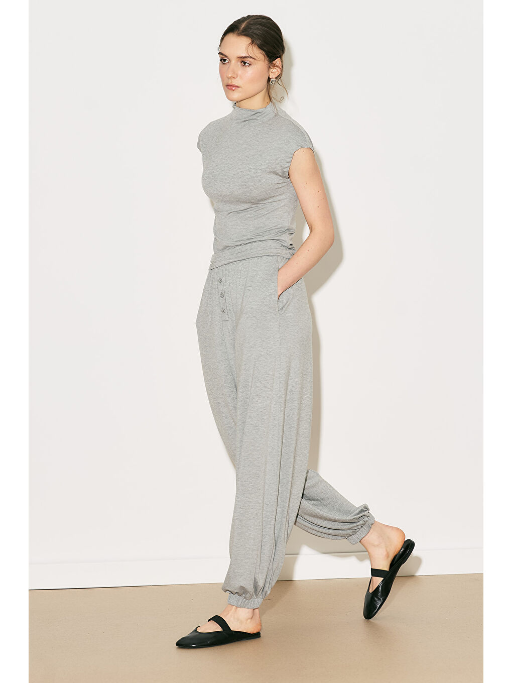 Easy Kolsuz Bluz Gri Melanj-1