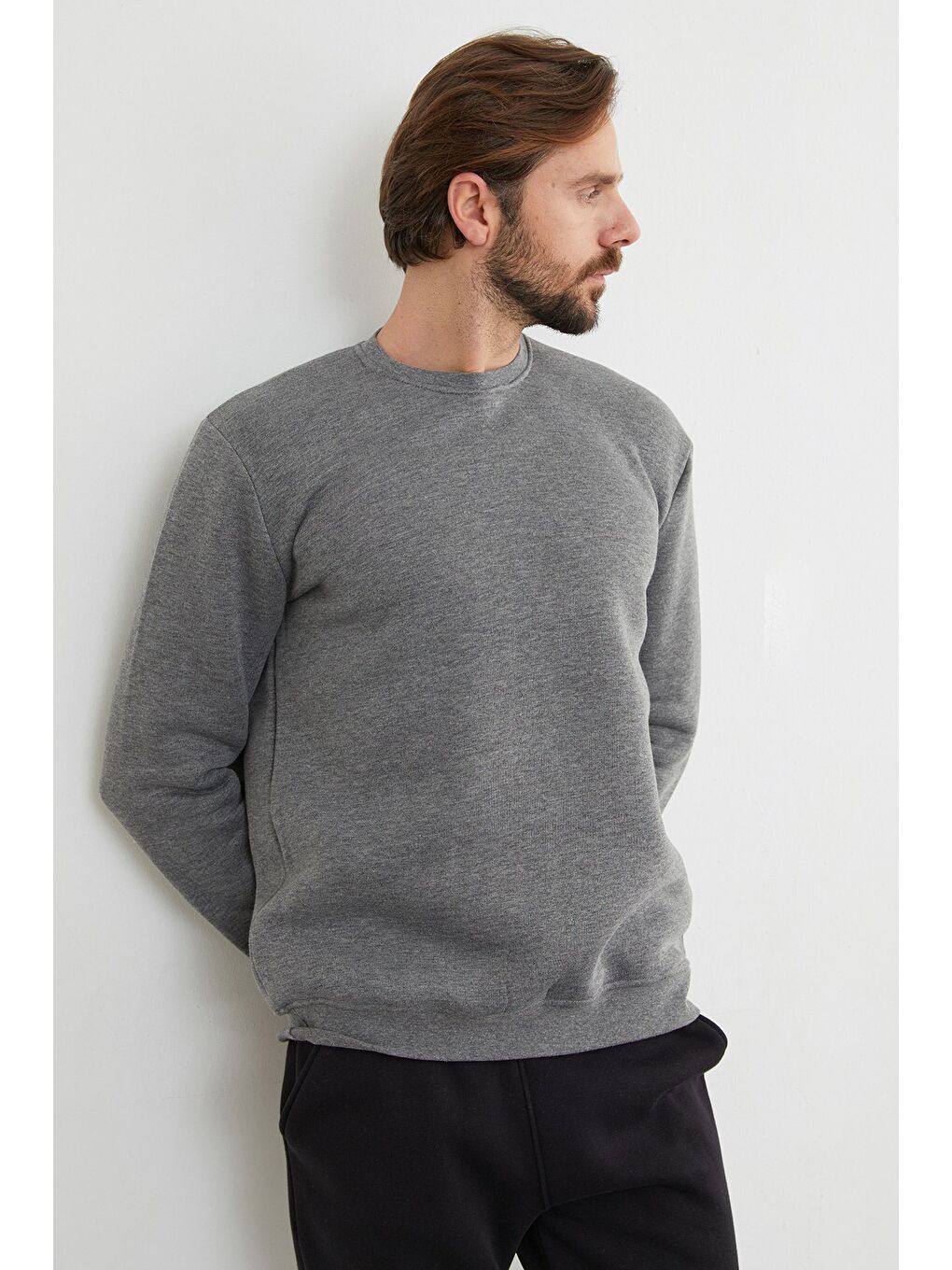 Antrasit 3 İplik Basic Bisiklet Yaka Sweatshirt-4