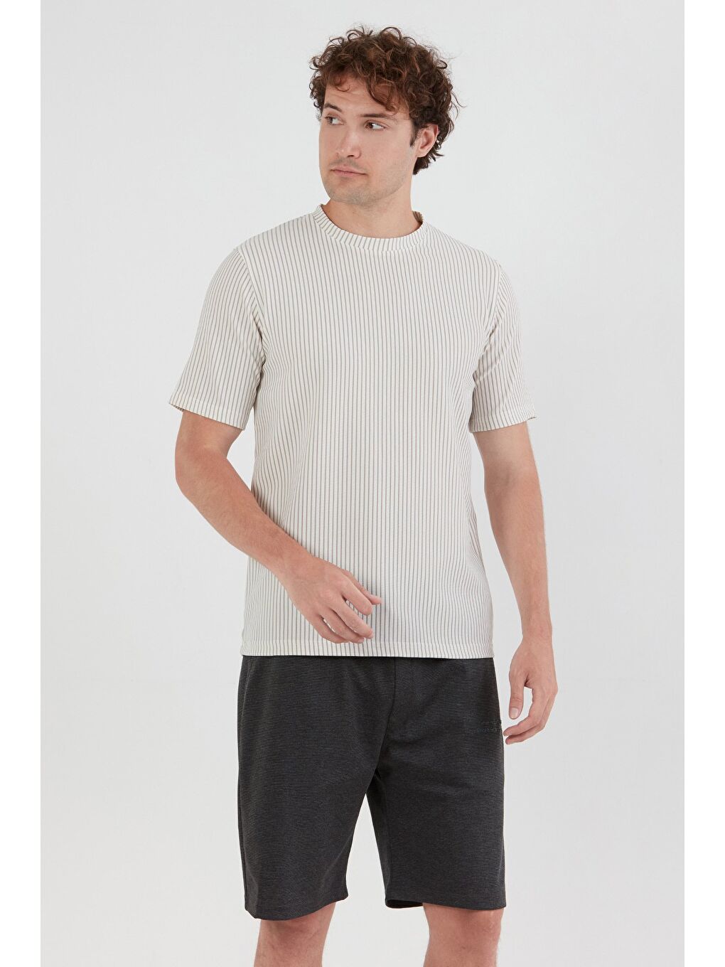 Gri Çizgili Jakarlı Bisiklet Yaka Tişört-2