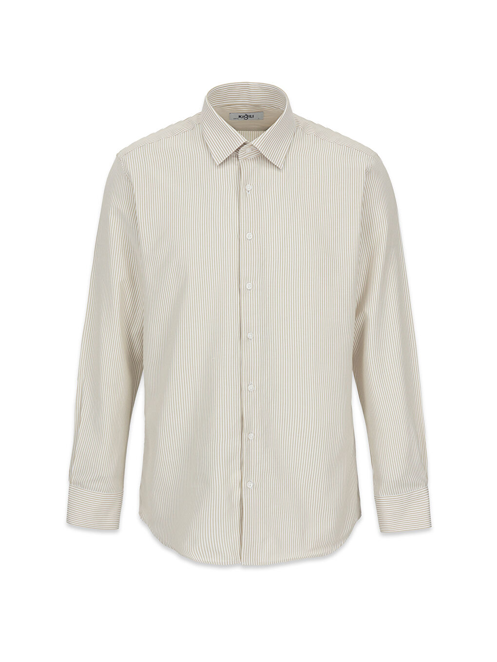 Bej Uzun Kol Slim Fit Çizgili Klasik Yaka Pamuklu Kolay Ütülenebilir Gömlek