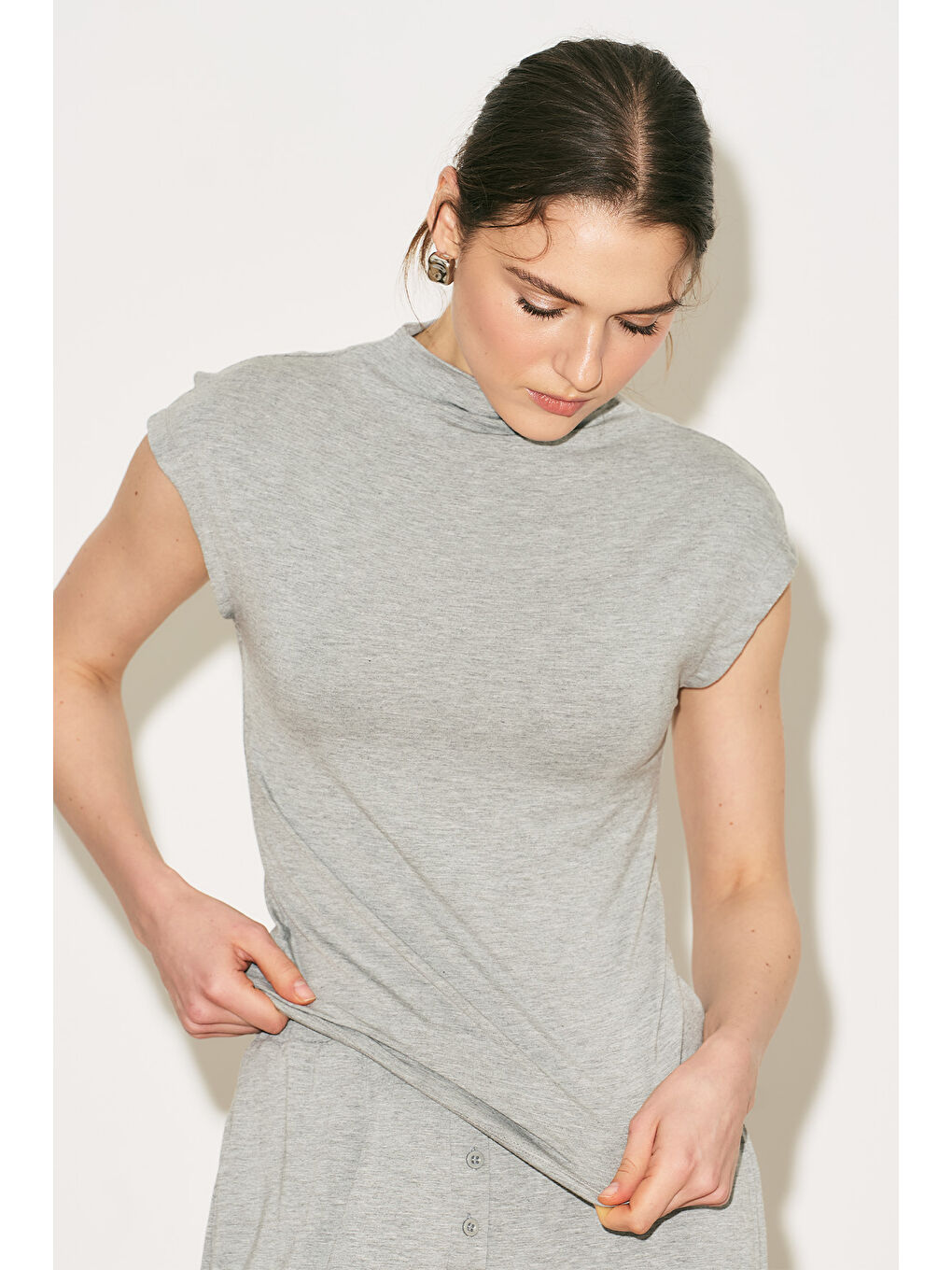 Easy Kolsuz Bluz Gri Melanj-4