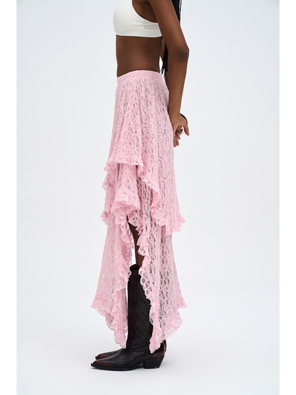 Mireya Asimetrik Pembe Dantel Etek-2
