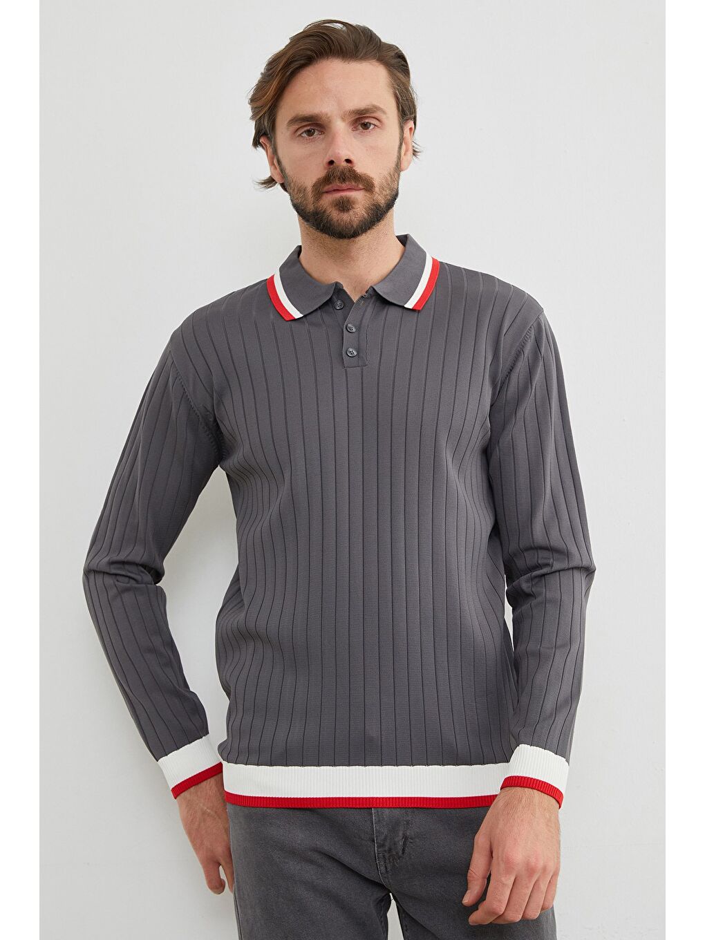 Gri Çizgili Fitilli Polo Yaka Triko Kazak-1