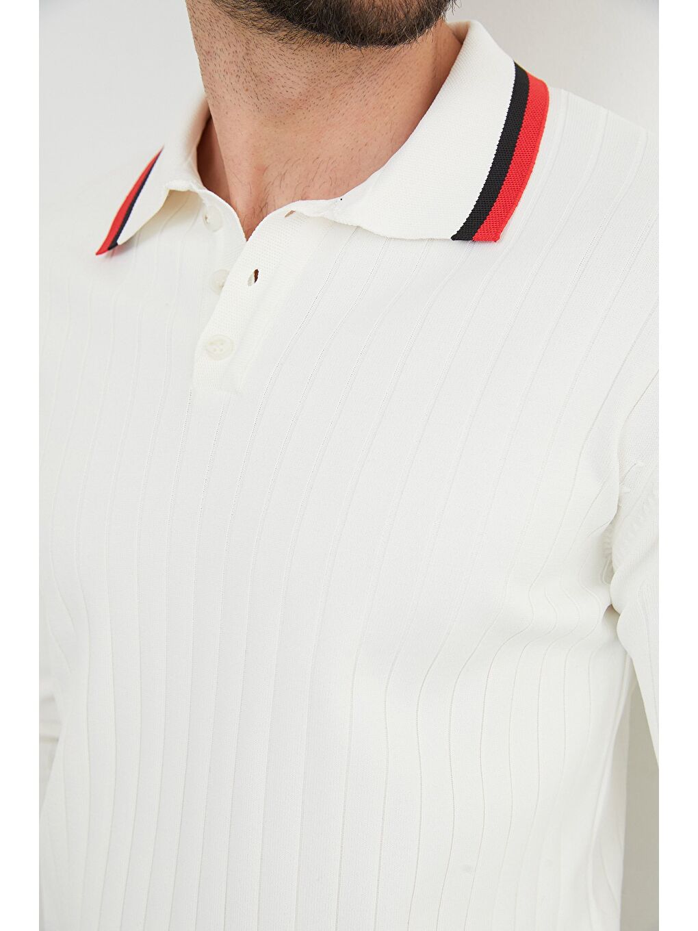 Beyaz Çizgili Fitilli Polo Yaka Triko Kazak-3