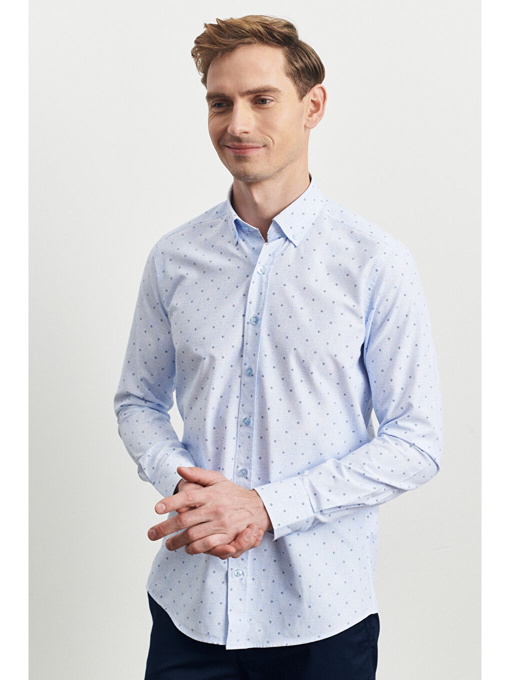 Erkek Mavi Slim Fit Dar Kesim Düğmeli Yaka Baskılı Gömlek-2