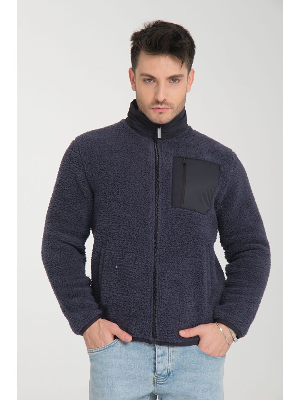 Lacivert Fermuarlı Kapüşonlu Pelüş Sweatshirt