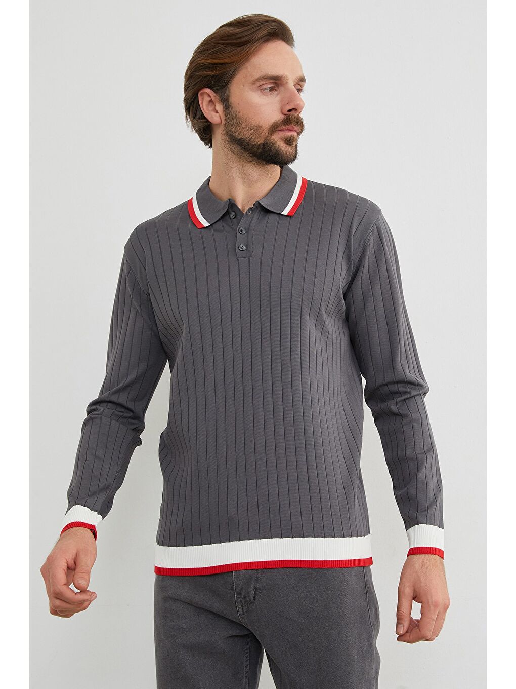 Gri Çizgili Fitilli Polo Yaka Triko Kazak-2