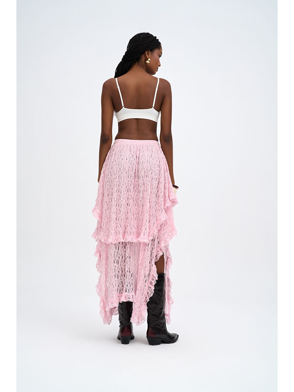 Mireya Asimetrik Pembe Dantel Etek-3