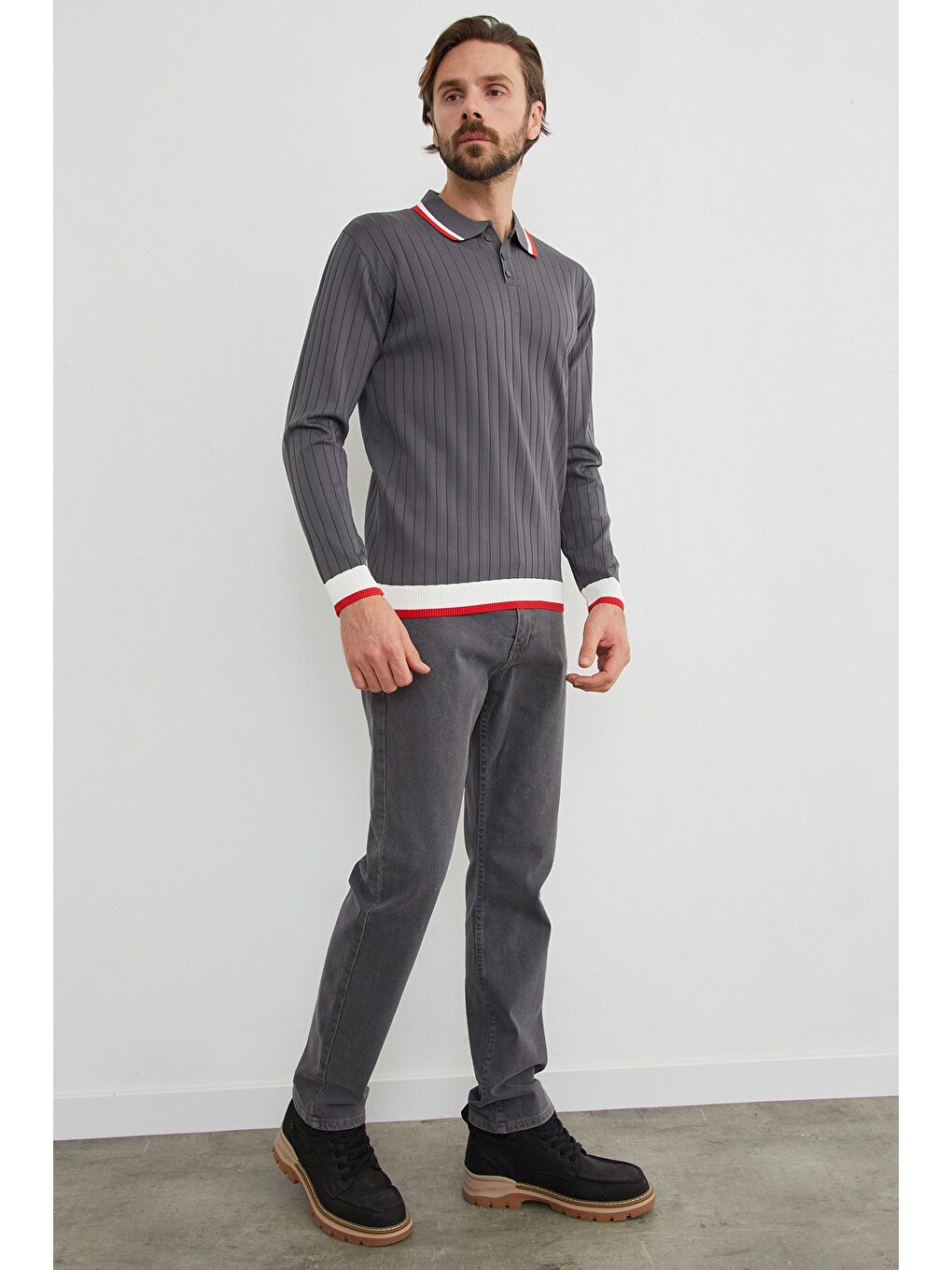 Gri Çizgili Fitilli Polo Yaka Triko Kazak-3