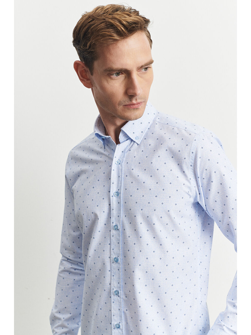 Erkek Mavi Slim Fit Dar Kesim Düğmeli Yaka Baskılı Gömlek-4