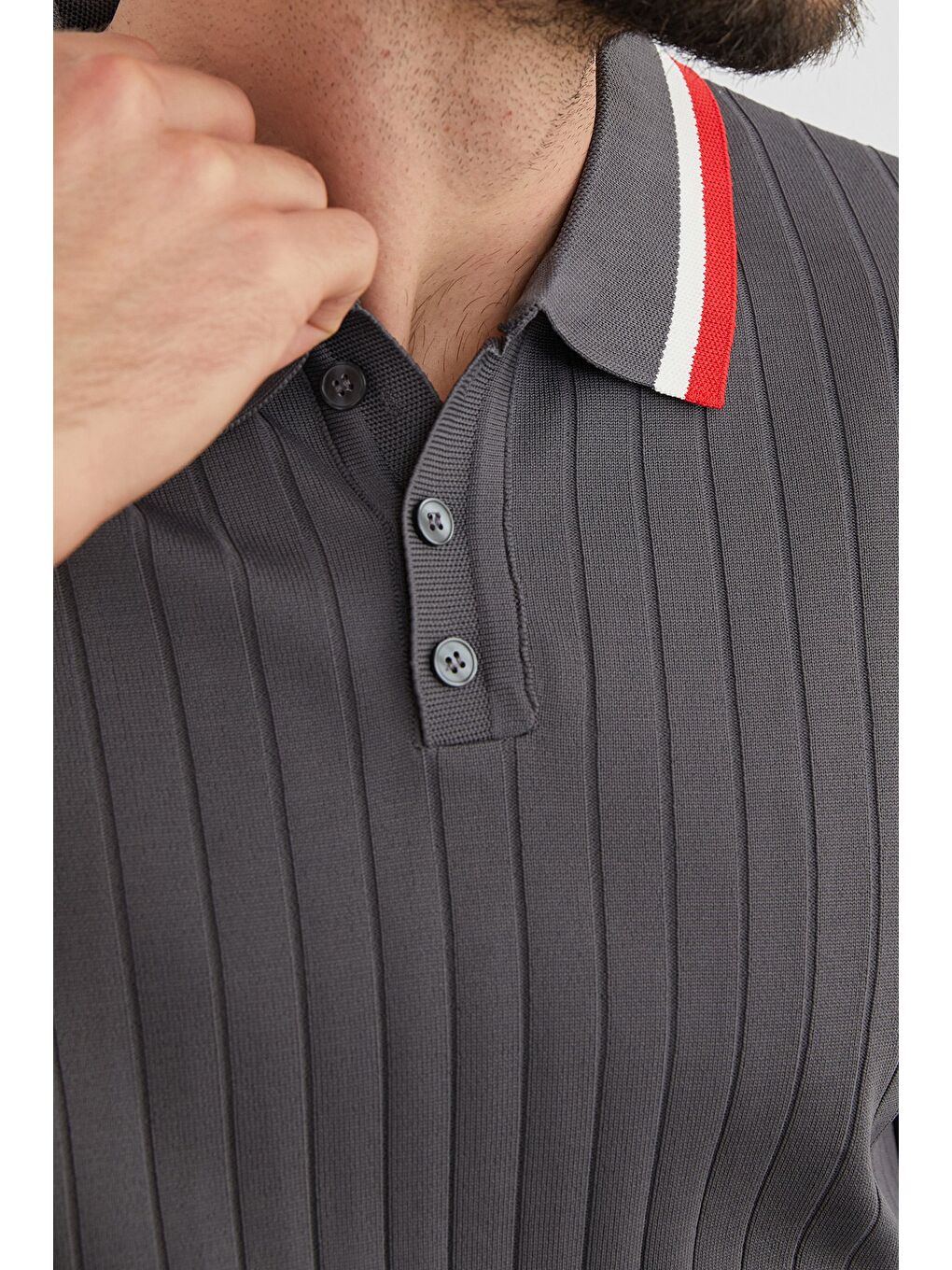 Gri Çizgili Fitilli Polo Yaka Triko Kazak-4