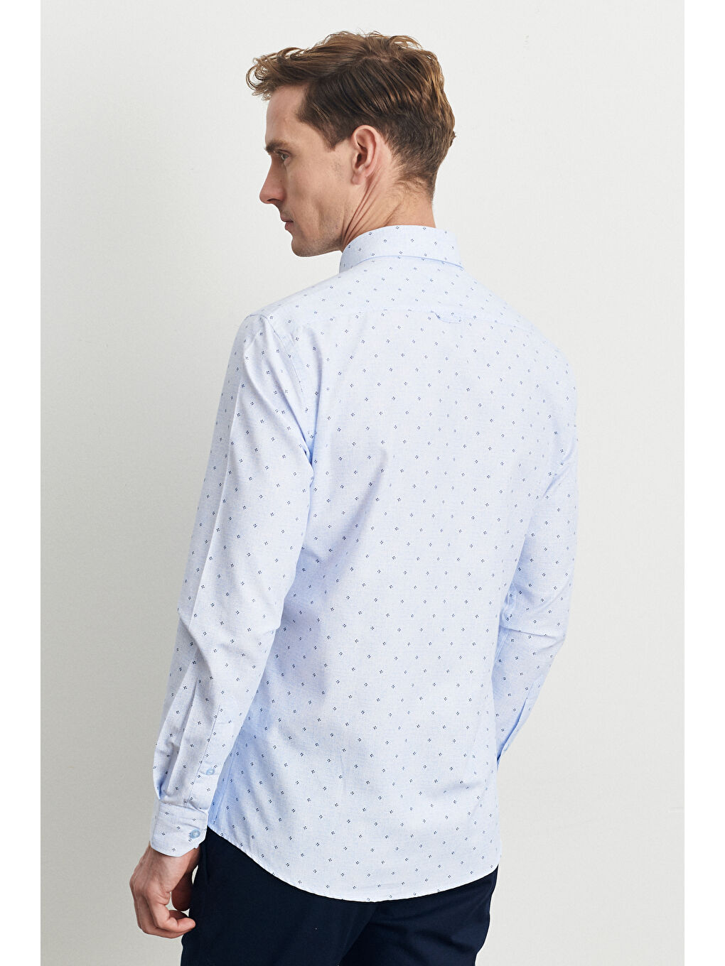 Erkek Mavi Slim Fit Dar Kesim Düğmeli Yaka Baskılı Gömlek-5