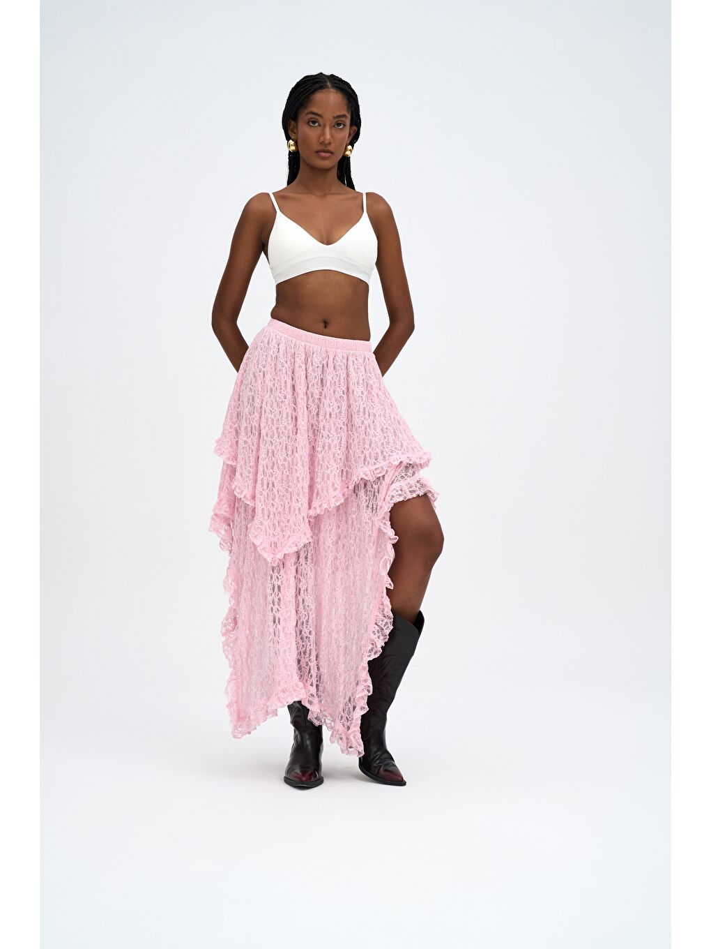 Mireya Asimetrik Pembe Dantel Etek-5