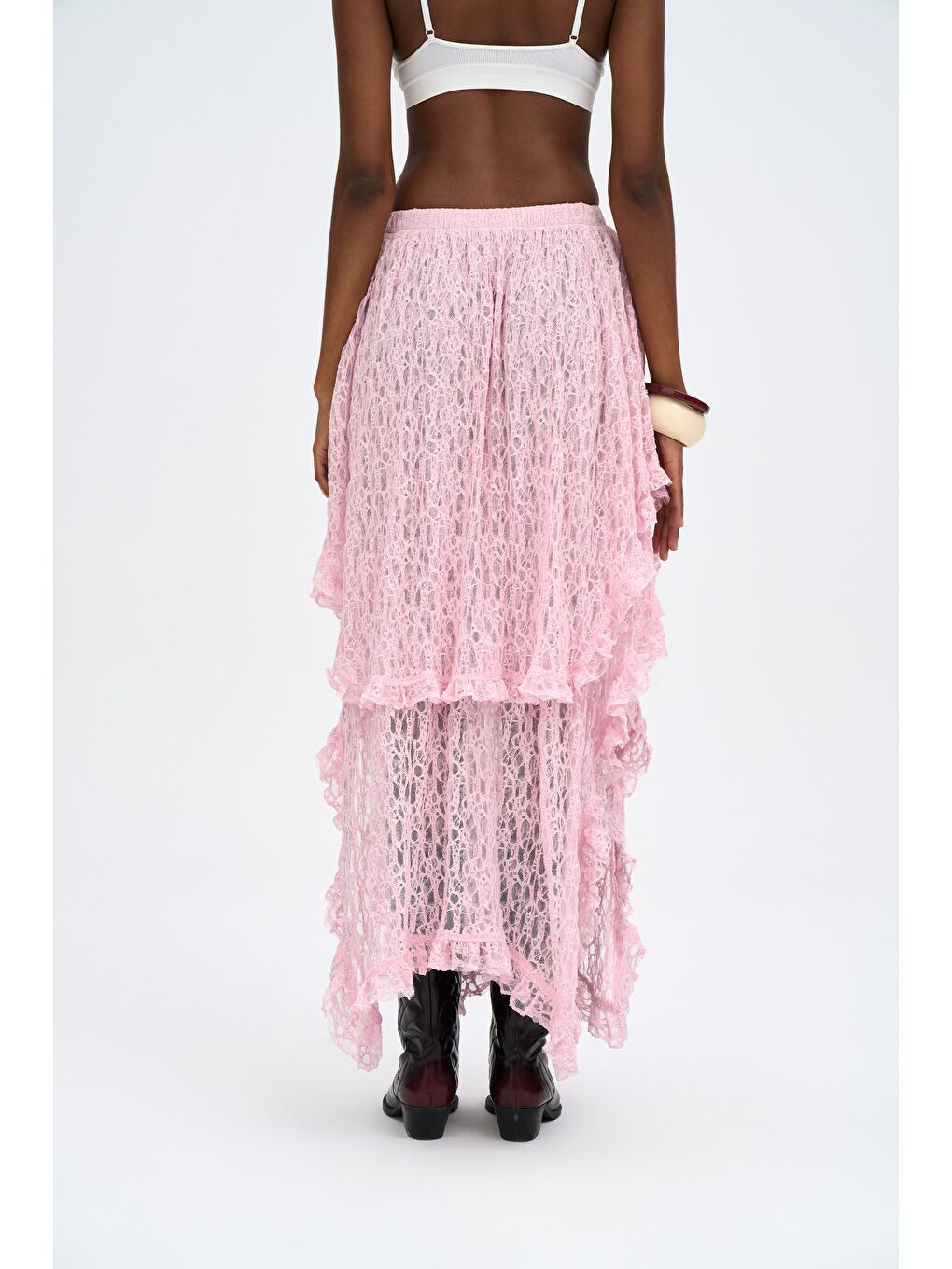 Mireya Asimetrik Pembe Dantel Etek-7