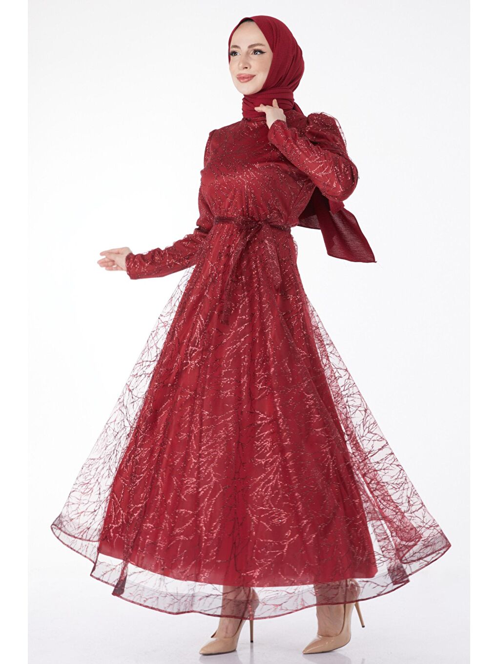 Düz Hakim Yaka Kadın Bordo Işıltılı Simli Abiye Elbise - 24822