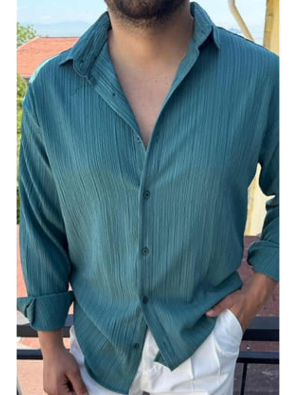 Tam Kalıp Bürümcük Kumaş Gömlek Zümrüt Yeşil-2