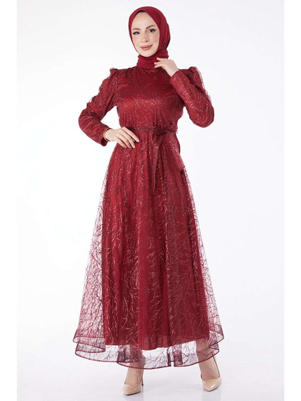 Düz Hakim Yaka Kadın Bordo Işıltılı Simli Abiye Elbise - 24822-1