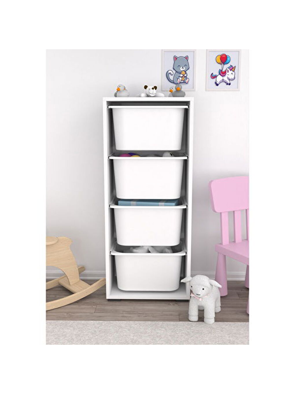 4 Derin Sepetli Çok Amaçlı Oyuncak Dolabı - Beyaz - 109x30x45,5 cm-4