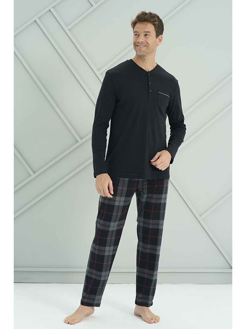 Erkek Interlok Penye Uzun Kol Pijama Takımı 2233 Siyah-2