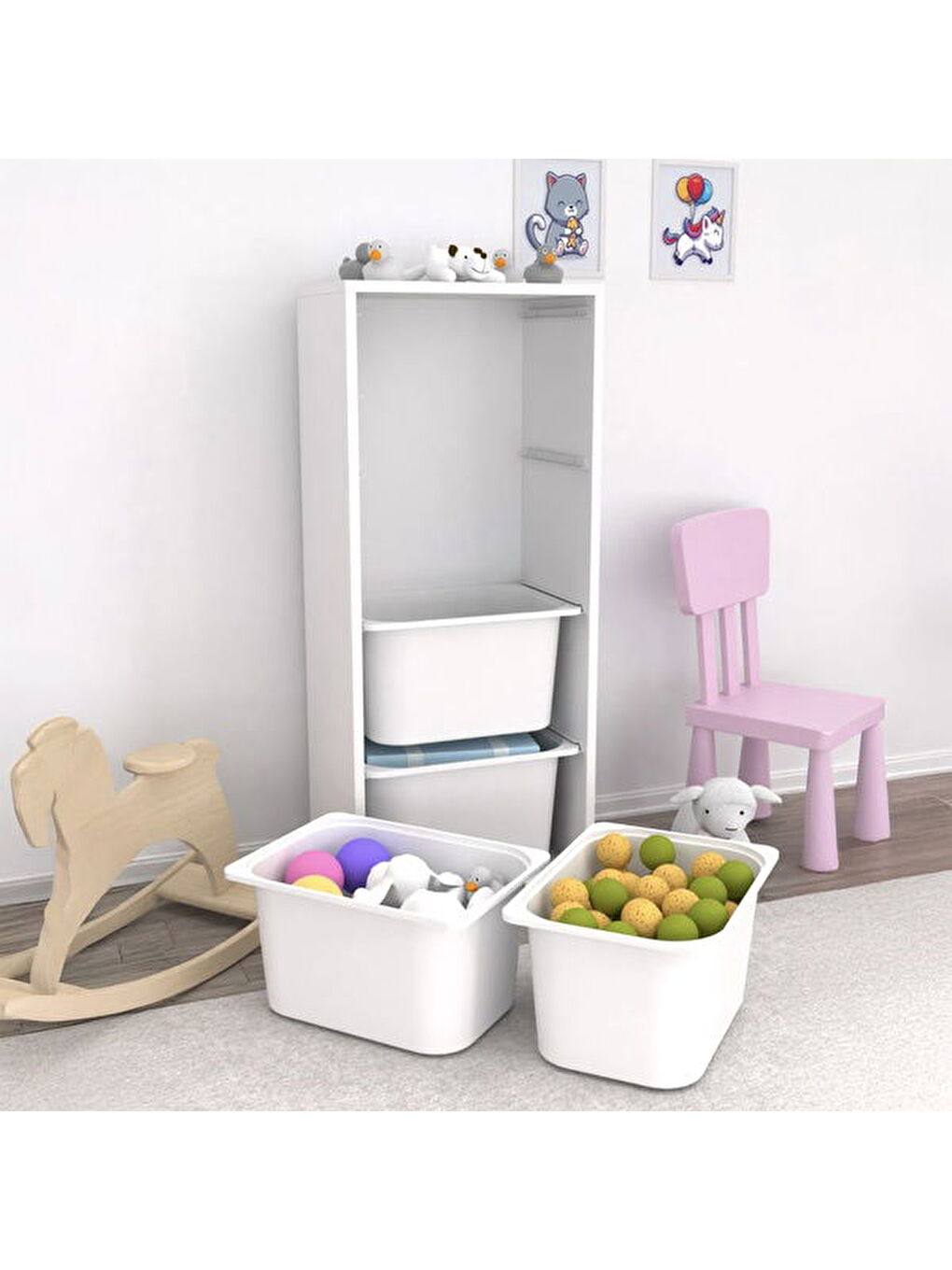 4 Derin Sepetli Çok Amaçlı Oyuncak Dolabı - Beyaz - 109x30x45,5 cm-6