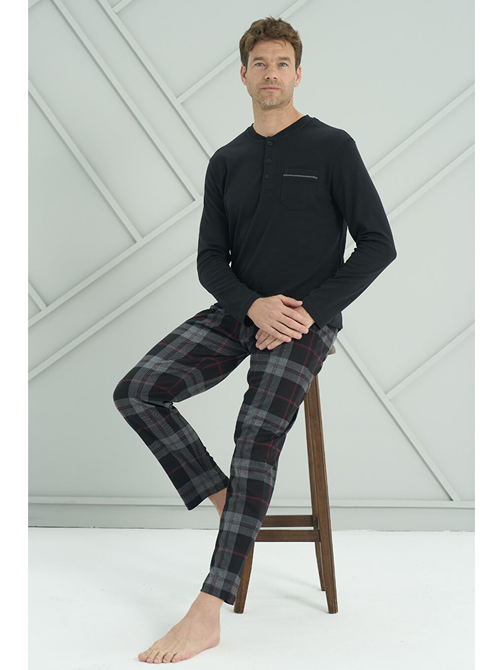 Erkek Interlok Penye Uzun Kol Pijama Takımı 2233 Siyah-3