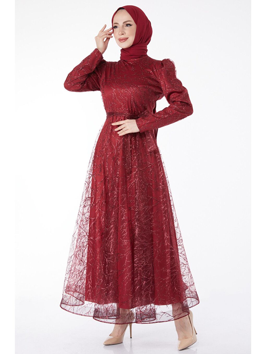 Düz Hakim Yaka Kadın Bordo Işıltılı Simli Abiye Elbise - 24822-2