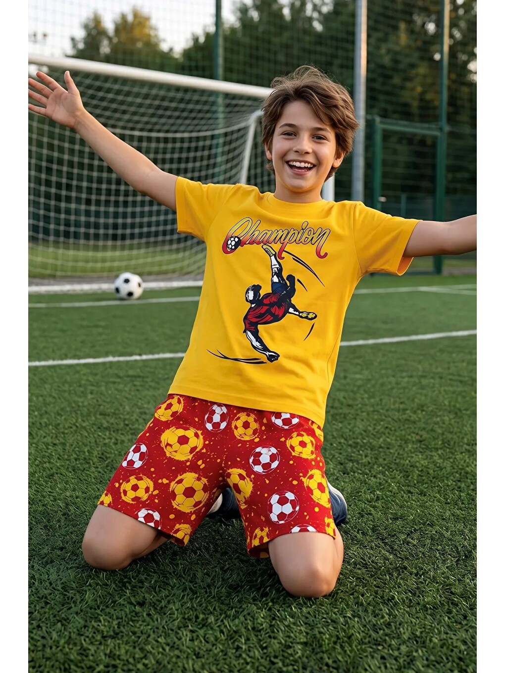 Sarı Erkek Çocuk Champion Futbol Baskılı Şort Alt - Üst Takım-1