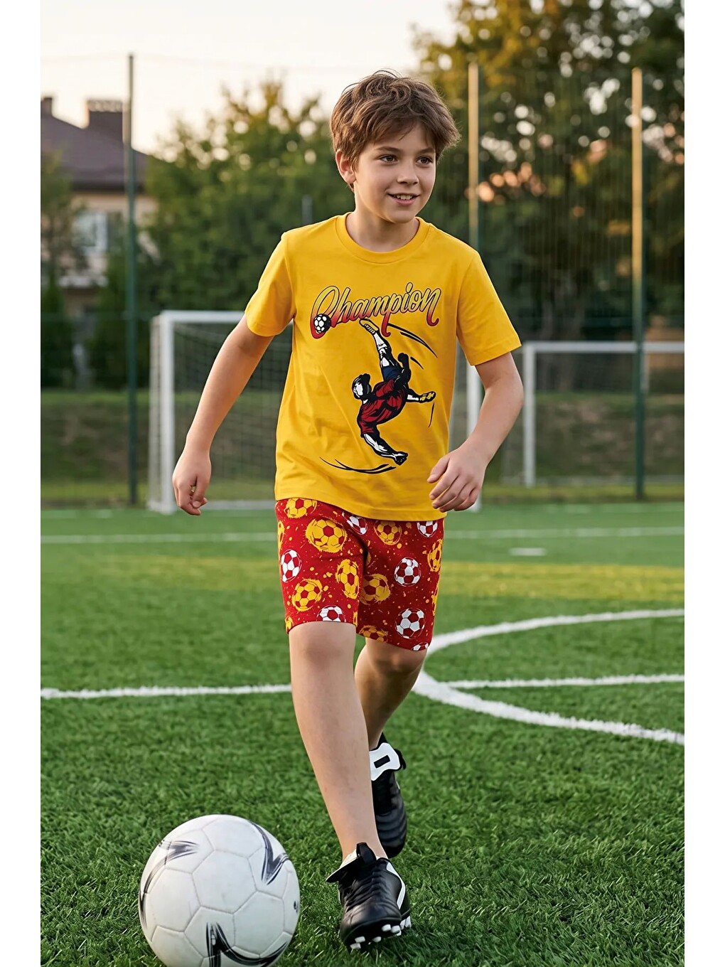 Sarı Erkek Çocuk Champion Futbol Baskılı Şort Alt - Üst Takım-3