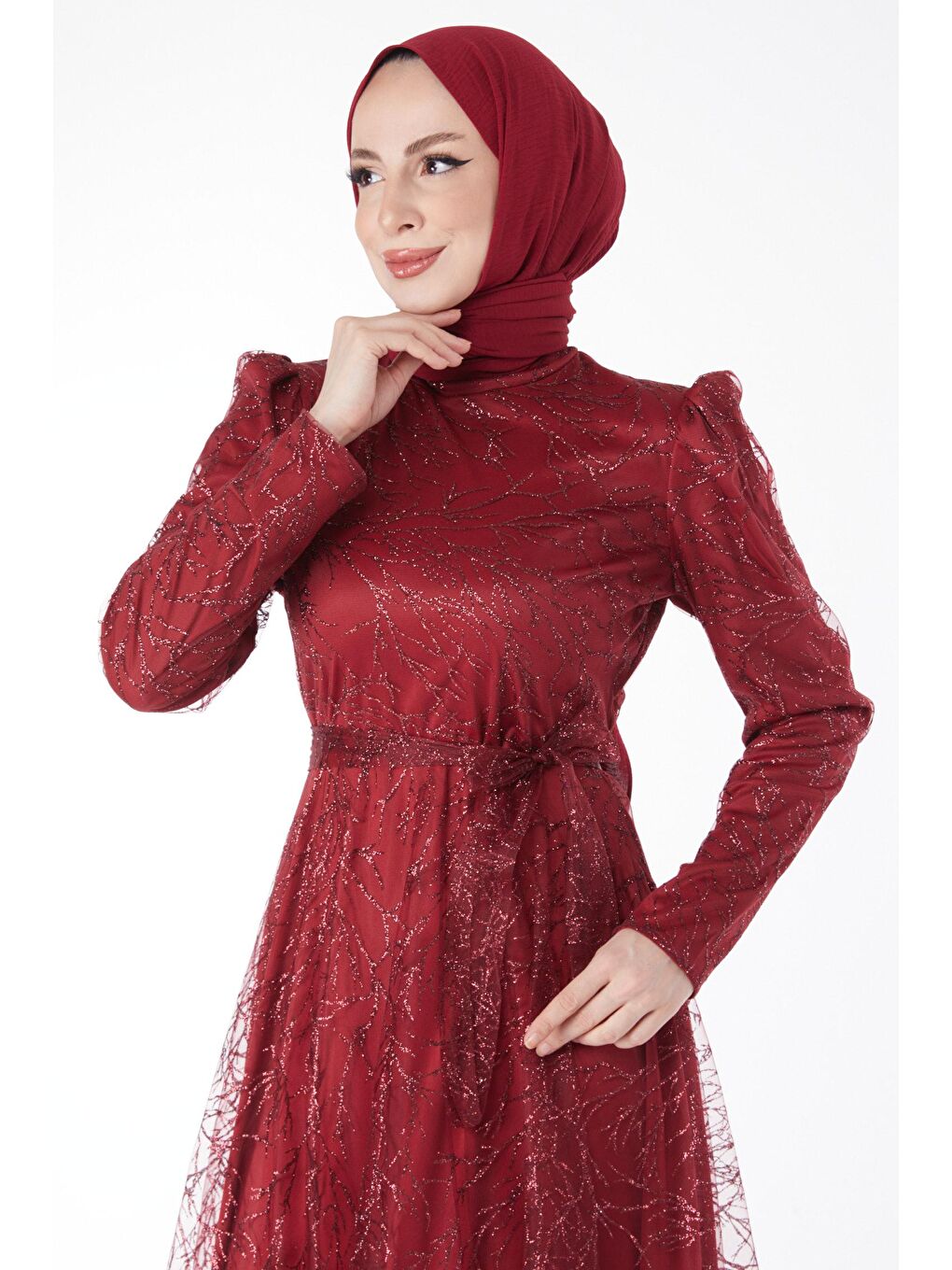 Düz Hakim Yaka Kadın Bordo Işıltılı Simli Abiye Elbise - 24822-3