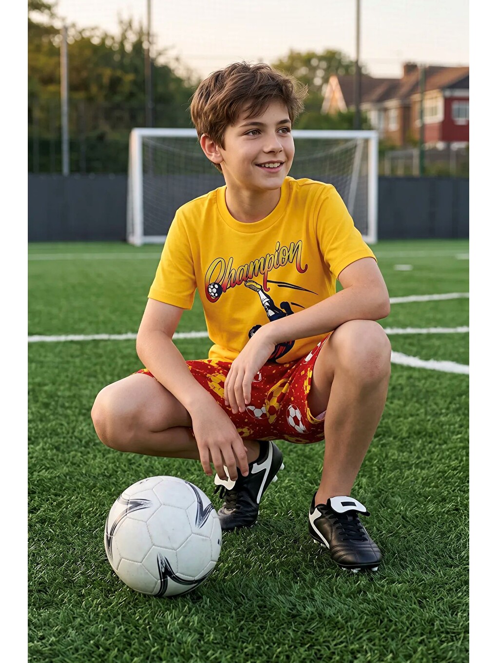 Sarı Erkek Çocuk Champion Futbol Baskılı Şort Alt - Üst Takım-4