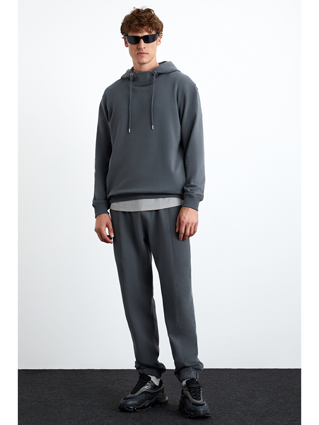 Alessıo Erkek %100 Pamuk Kapüşonlu Kordon Detaylı Oversize Fit Gri Sweatshirt-2