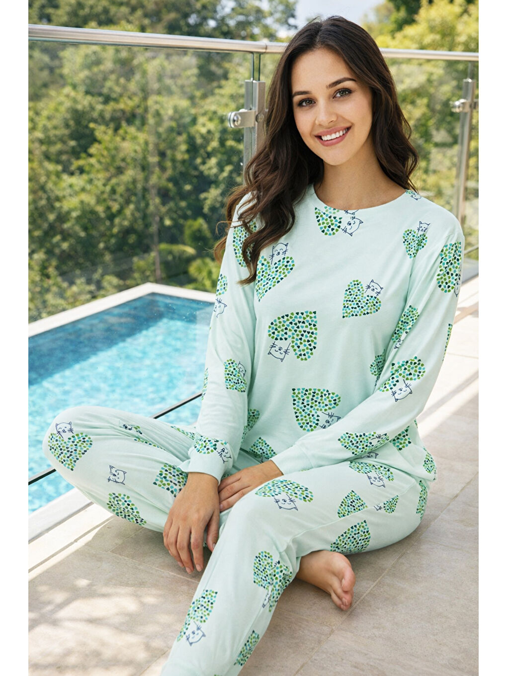 Kadın Kalp Desen Comfort Pijama Takımı 0513 Yeşil-1
