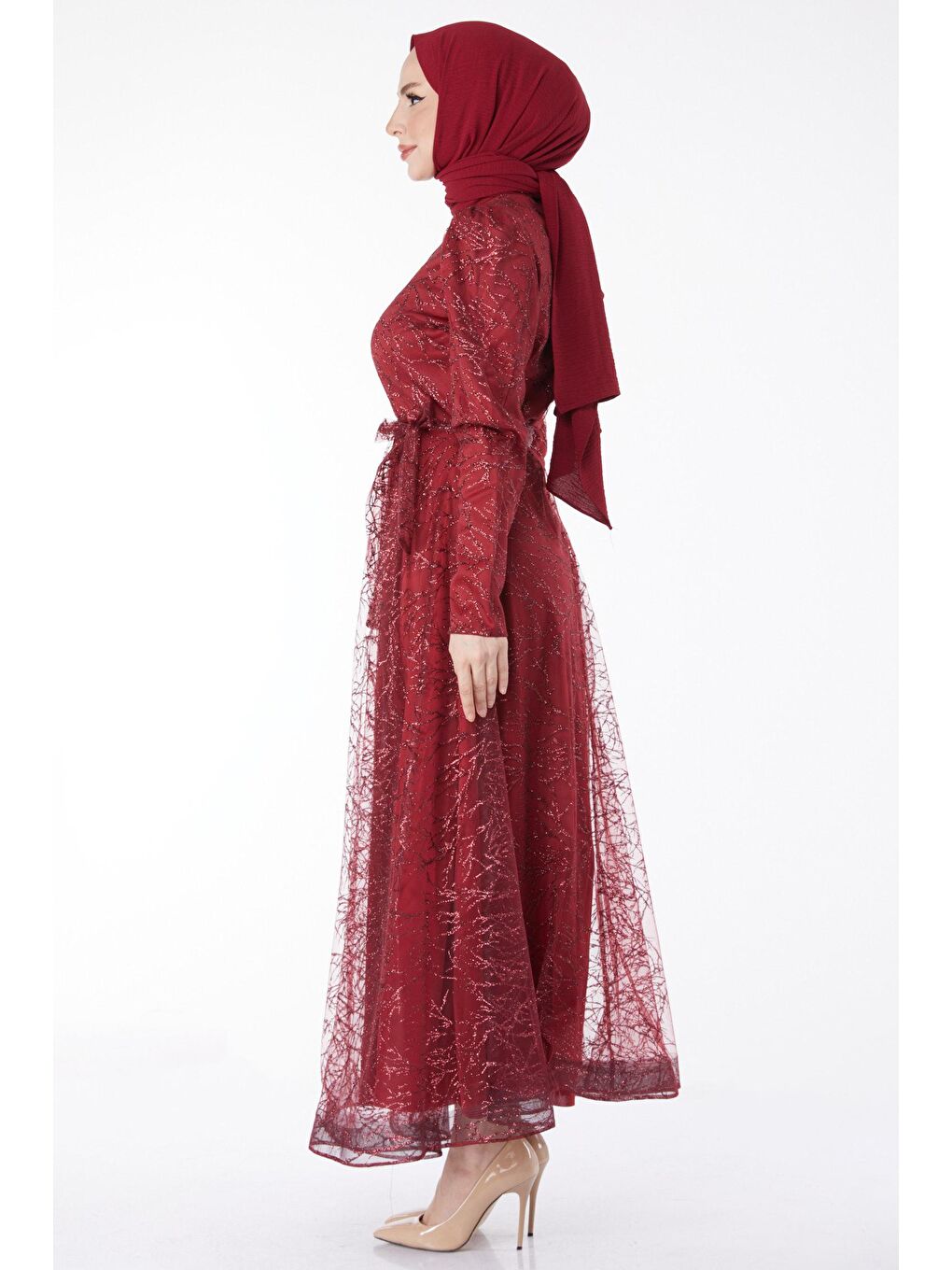Düz Hakim Yaka Kadın Bordo Işıltılı Simli Abiye Elbise - 24822-4