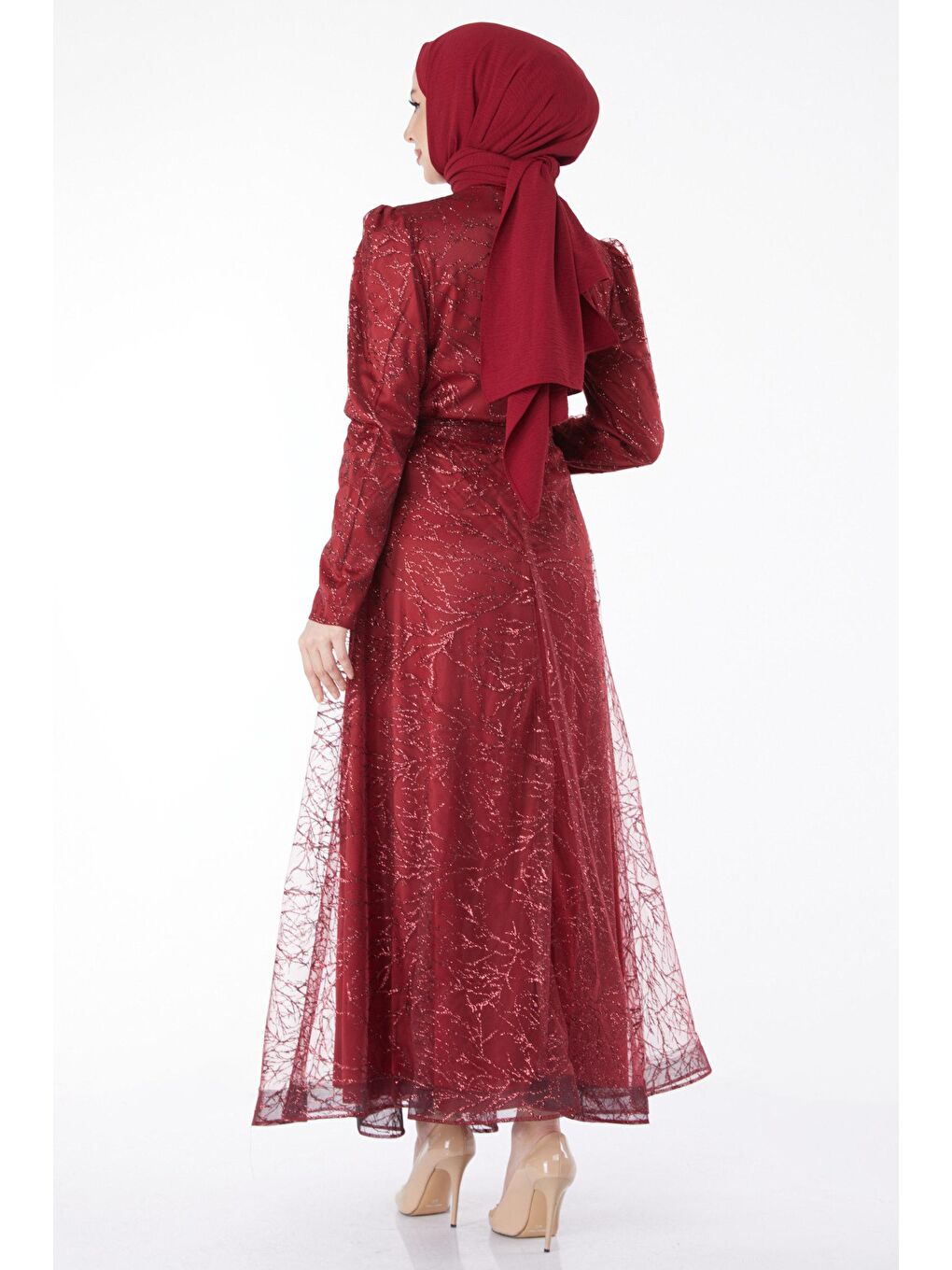 Düz Hakim Yaka Kadın Bordo Işıltılı Simli Abiye Elbise - 24822-5