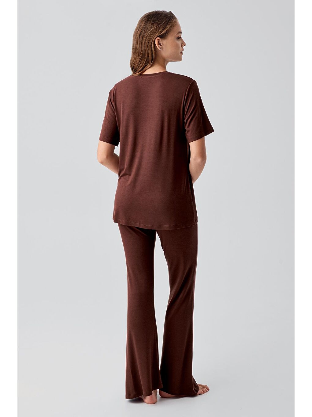 Kahverengi Kısa Kollu Basic İspanyol Paça Esnek Viskoz Pijama Takım 19213-3