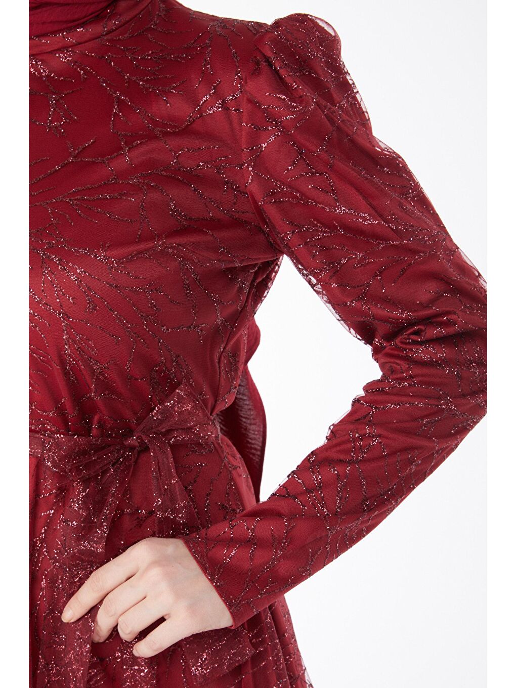 Düz Hakim Yaka Kadın Bordo Işıltılı Simli Abiye Elbise - 24822-6