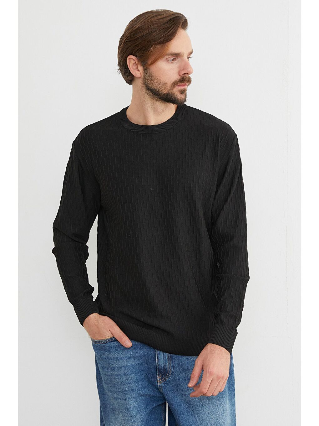 Siyah Basic Bisiklet Yaka Triko Kazak-1