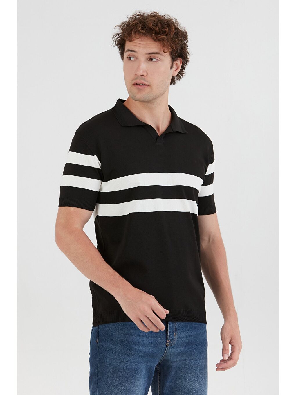 Siyah Polo Yaka Çizgili Triko Tişört-2
