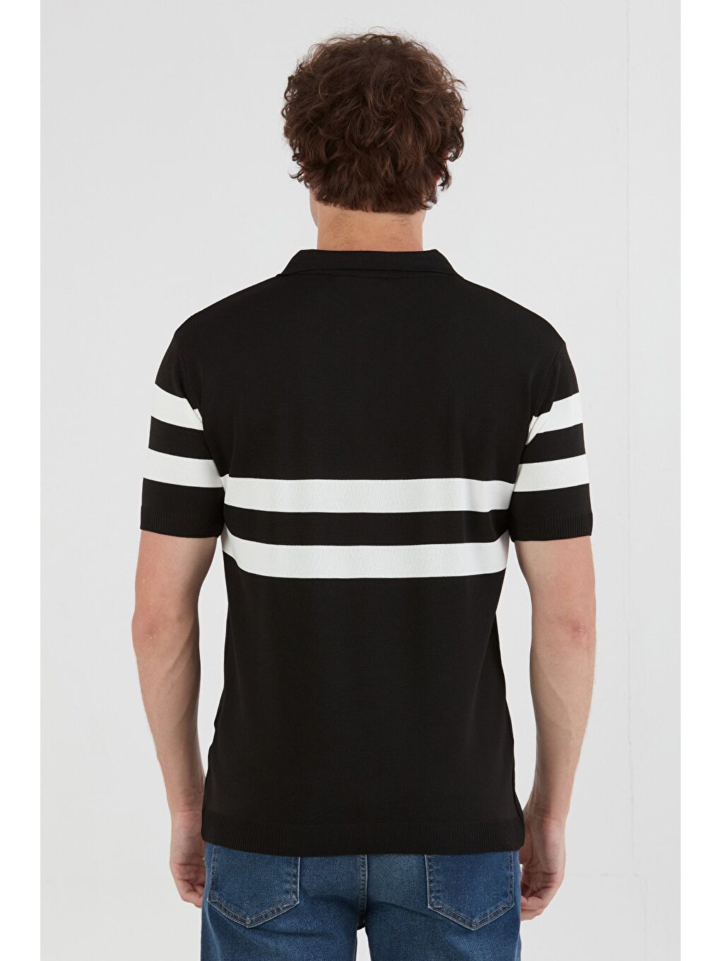 Siyah Polo Yaka Çizgili Triko Tişört-3