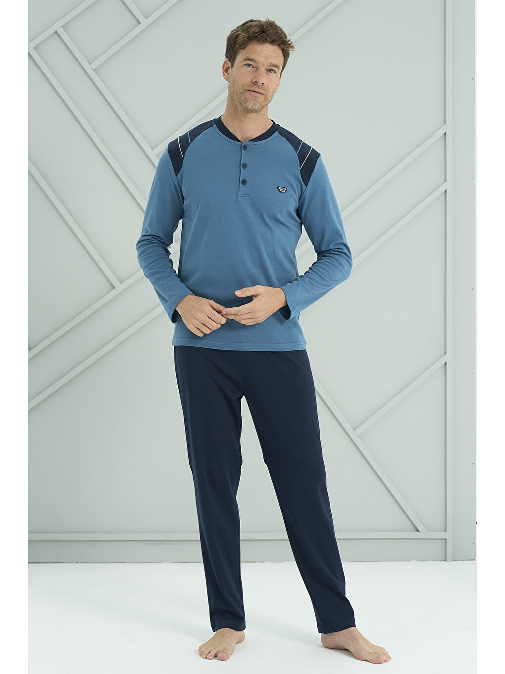 Erkek Interlok Penye Uzun Kol Pijama Takımı 2214 Petrol01-1
