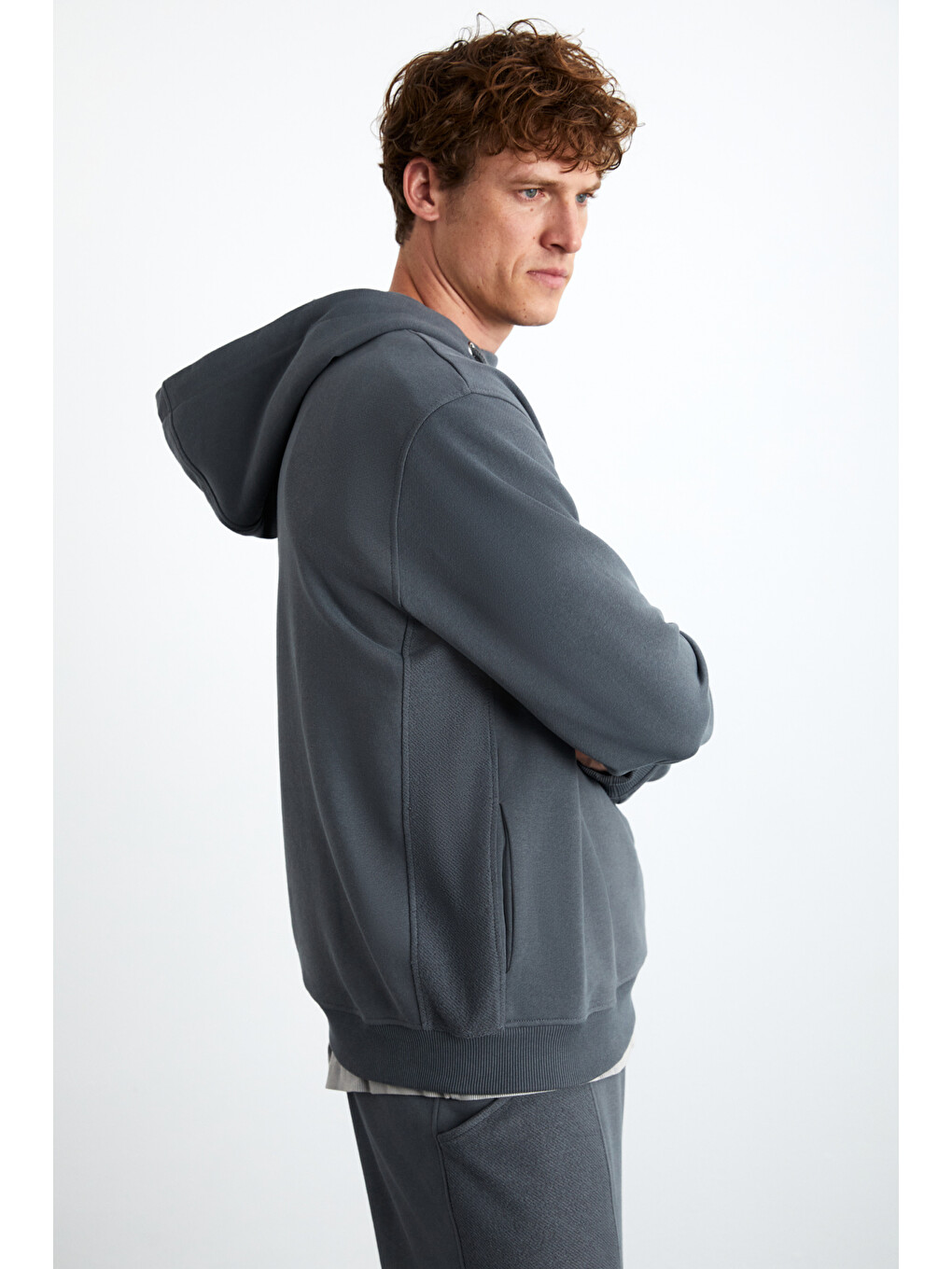 Alessıo Erkek %100 Pamuk Kapüşonlu Kordon Detaylı Oversize Fit Gri Sweatshirt-4