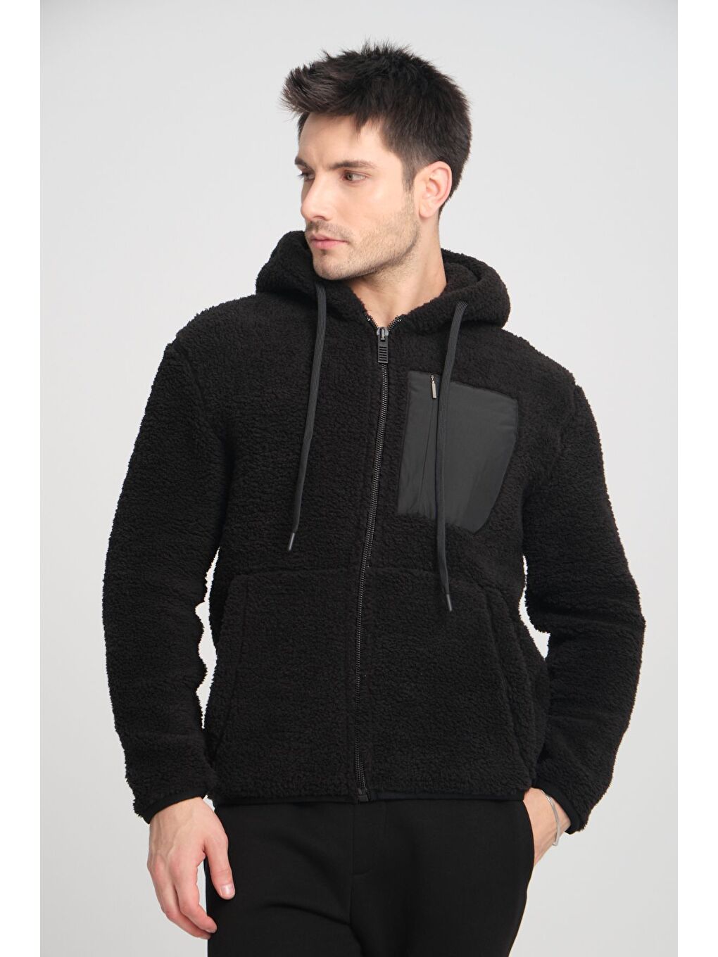 Siyah Fermuarlı Kapüşonlu Pelüş Sweatshirt