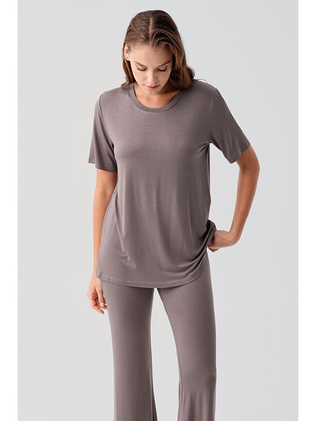 Bej Kısa Kollu Basic İspanyol Paça Esnek Viskoz Pijama Takım 19213-2